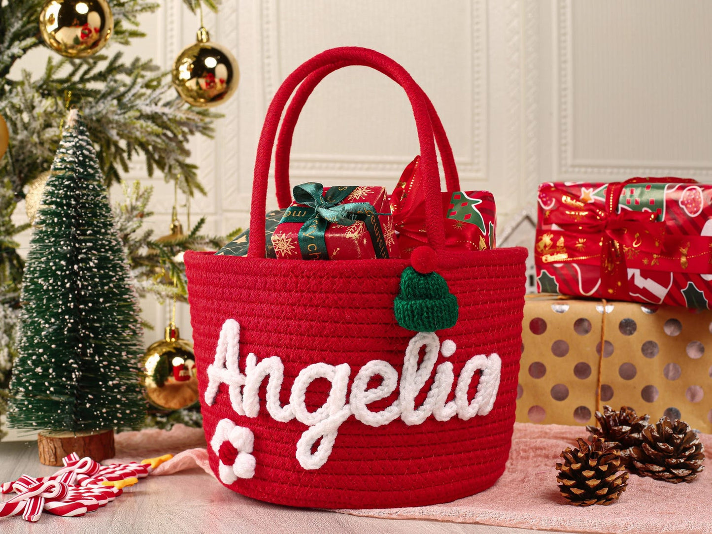 Custom Name Christmas Gift Basket | Personalized Holiday Decor for Kids