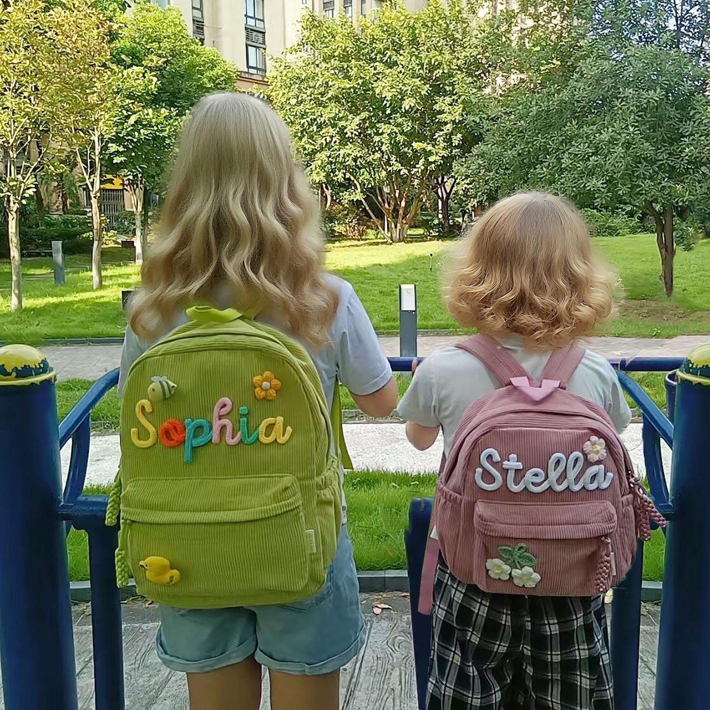 High-quality school backpack made of corduroy fabric – with embroidered name field