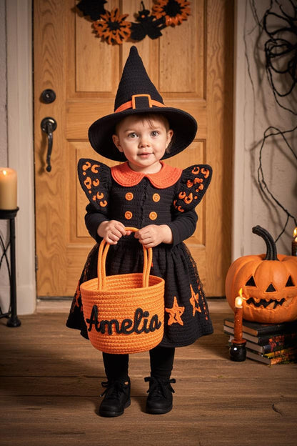 Personalized Halloween Candy Basket - Custom Trick or Treat Pail for Kids, Spooky Ghost Bucket, Halloween Party Favor Bag with Name, Handmade Candy Collector