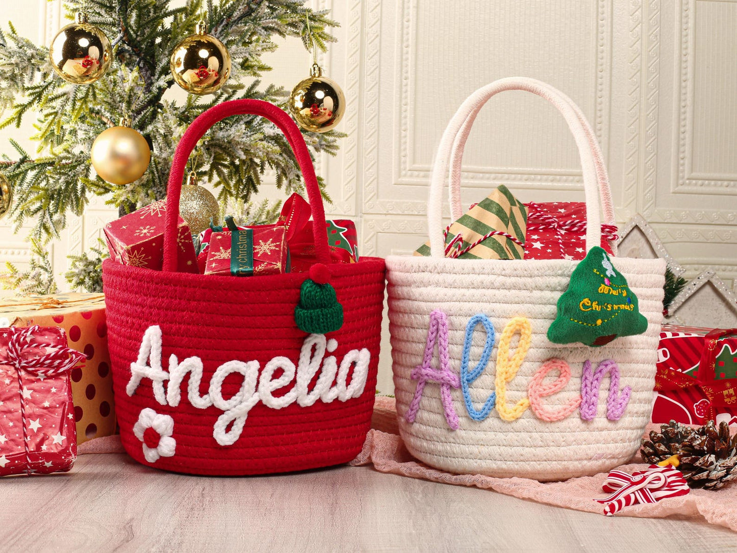 Custom Name Christmas Gift Basket | Personalized Holiday Decor for Kids