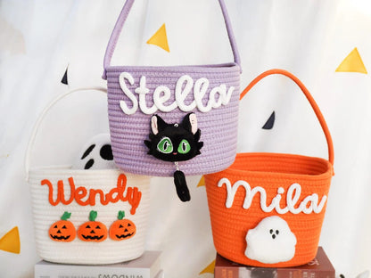 Customized Halloween Treat Basket - Personalized Trick or-Treat Bucket, Spooky Candy Bag Collection for Kids & Family, Ghost-Themed Gift Handcrafted Candy Pail