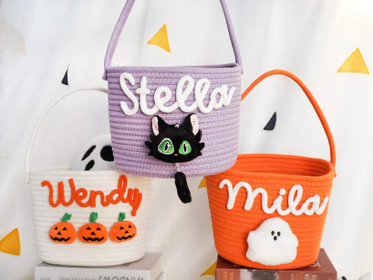 Customized Halloween Treat Basket - Personalized Trick or-Treat Bucket, Spooky Candy Bag Collection for Kids & Family, Ghost-Themed Gift Handcrafted Candy Pail
