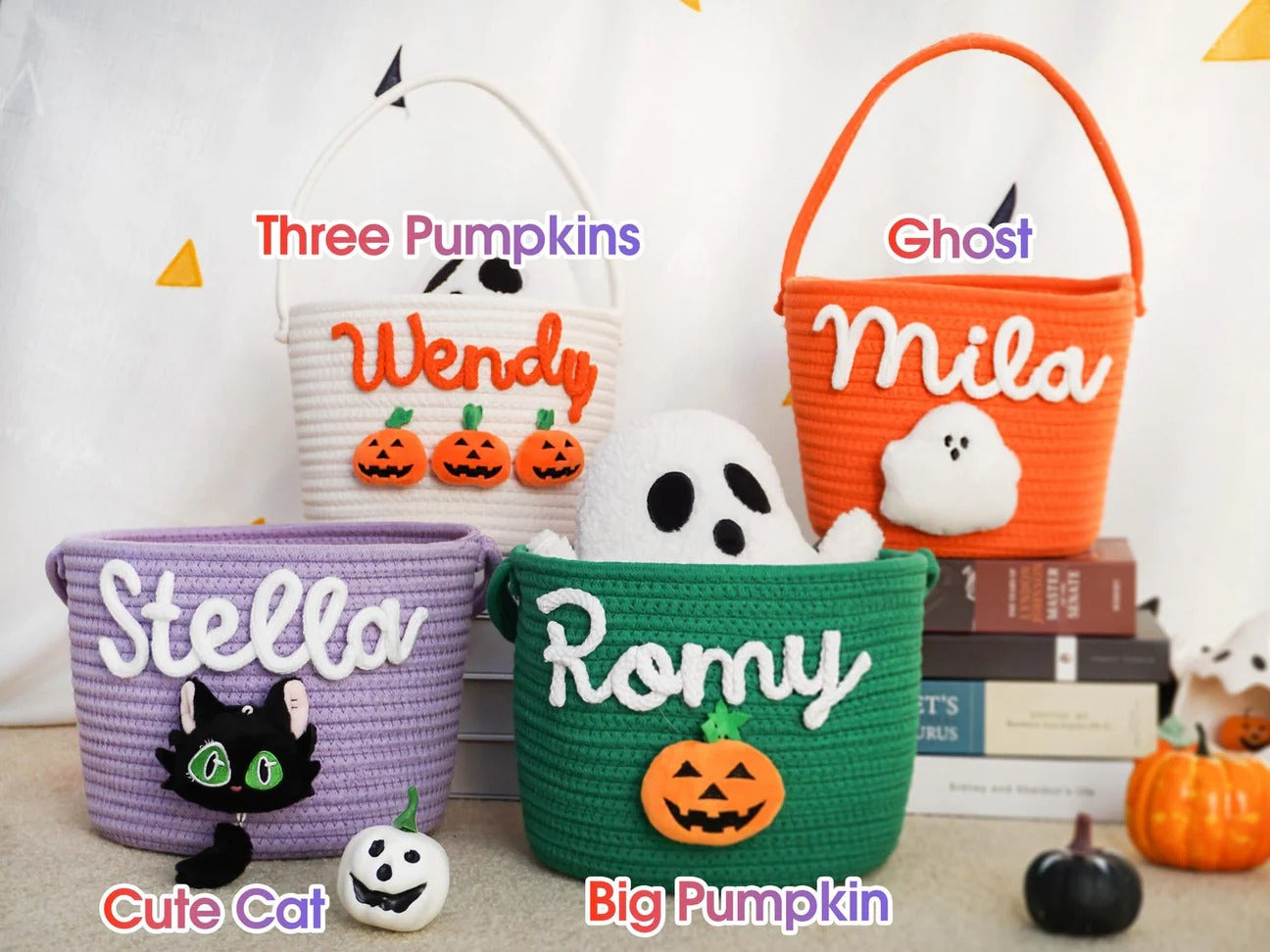 Customized Halloween Treat Basket - Personalized Trick or-Treat Bucket, Spooky Candy Bag Collection for Kids & Family, Ghost-Themed Gift Handcrafted Candy Pail