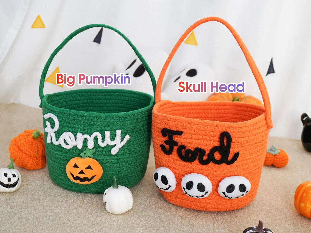Customized Halloween Treat Basket - Personalized Trick or-Treat Bucket, Spooky Candy Bag Collection for Kids & Family, Ghost-Themed Gift Handcrafted Candy Pail