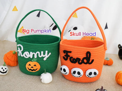 Customized Halloween Treat Basket - Personalized Trick or-Treat Bucket, Spooky Candy Bag Collection for Kids & Family, Ghost-Themed Gift Handcrafted Candy Pail