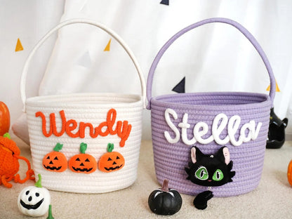 Customized Halloween Treat Basket - Personalized Trick or-Treat Bucket, Spooky Candy Bag Collection for Kids & Family, Ghost-Themed Gift Handcrafted Candy Pail