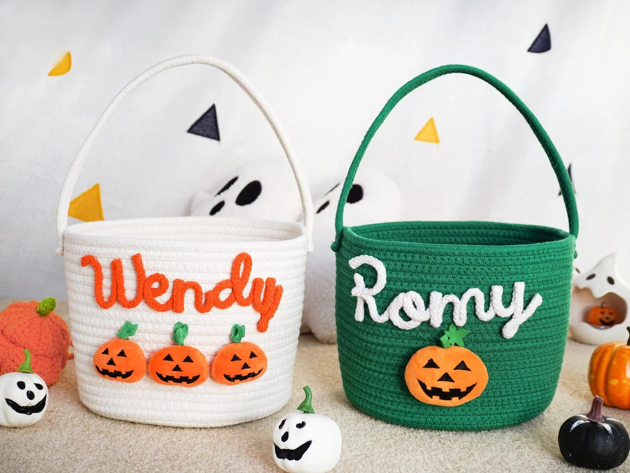 Customized Halloween Treat Basket - Personalized Trick or-Treat Bucket, Spooky Candy Bag Collection for Kids & Family, Ghost-Themed Gift Handcrafted Candy Pail