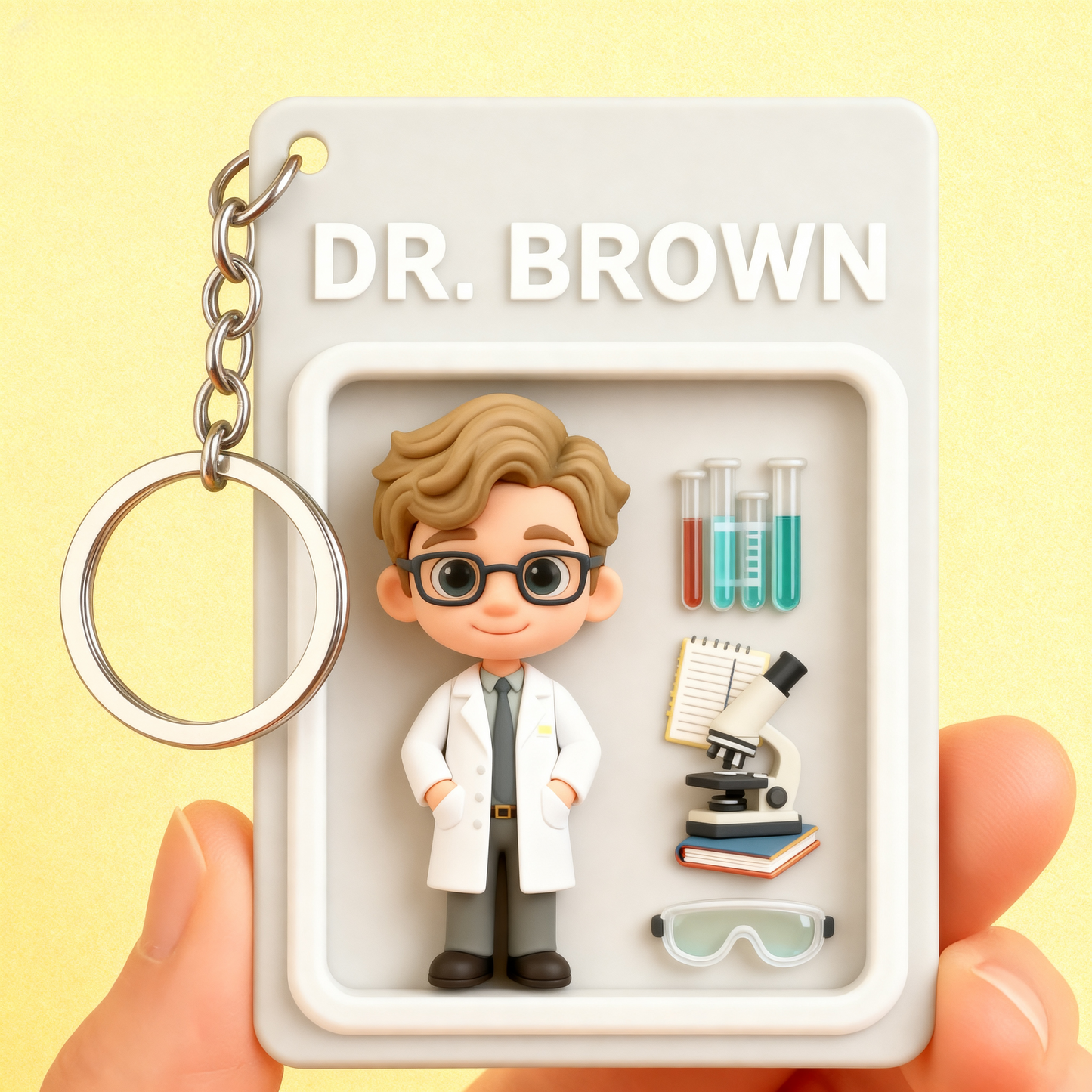 Geeky scientist 2D acrylic keychain with cartoon design. Great personalized gift for science lovers, students & teachers.