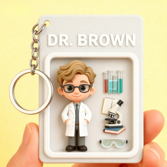 Geeky scientist 2D acrylic keychain with cartoon design. Great personalized gift for science lovers, students & teachers.