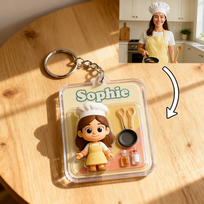 Custom Cartoon Cooking Keychain – 3D Mini Figurine or Flat Acrylic Charm Choose 3D Figurine or 2D Acrylic Style