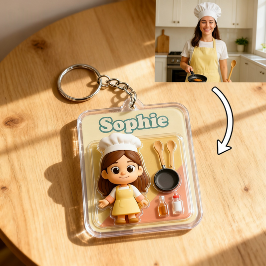 Custom Cartoon Cooking Keychain – 3D Mini Figurine or Flat Acrylic Charm Choose 3D Figurine or 2D Acrylic Style