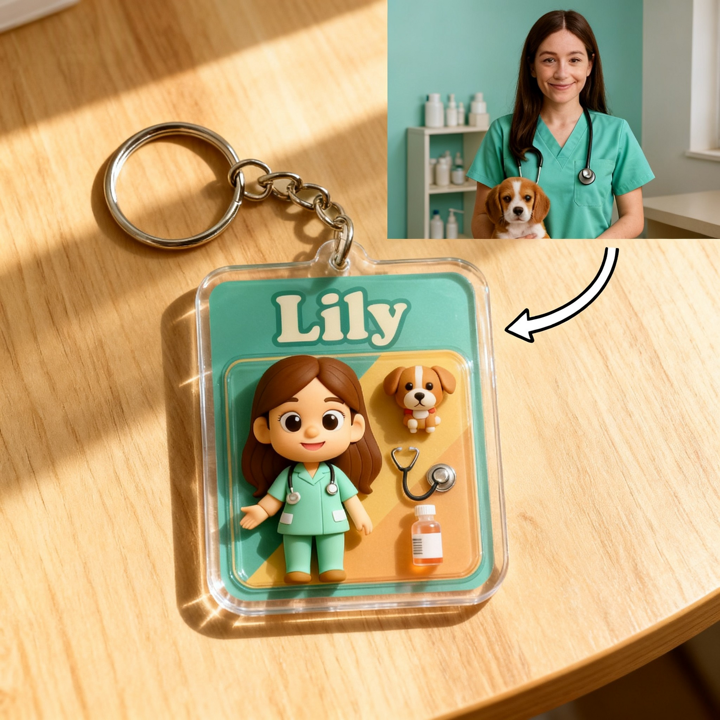 Custom Veterinarian Cartoon Keychain – Choose 3D Figurine or 2D Acrylic Style