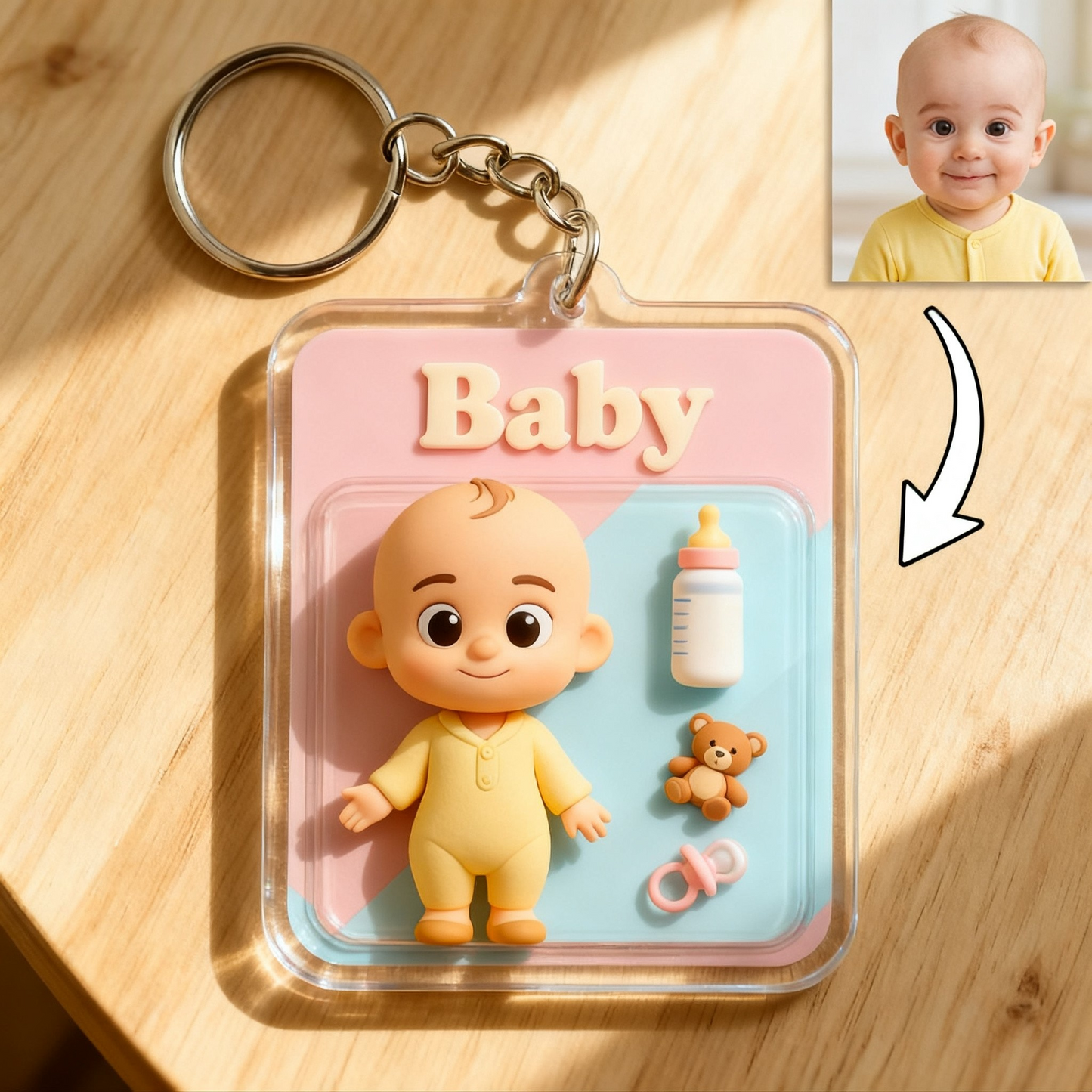 Custom Baby Cartoon Keychain – Sweet Keepsake Gift for New Parents Choose 3D Figurine or 2D Acrylic Style
