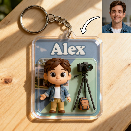 Personalized Photographer Keychain – Cute Chibi Cartoon Figurine GiftChoose 3D Figurine or 2D Acrylic Style