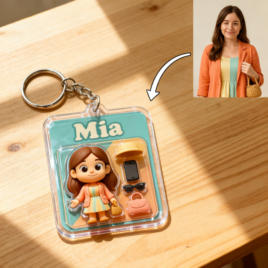 Personalized Traveler Cartoon Keychain – 3D Mini Figurine or Flat Acrylic Charm Choose 3D Figurine or 2D Acrylic Style